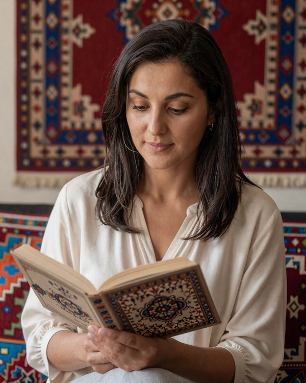 Turkmen woman reading in a sunlit room with traditional Turkmen carpet wall hanging reflecting cultural heritage