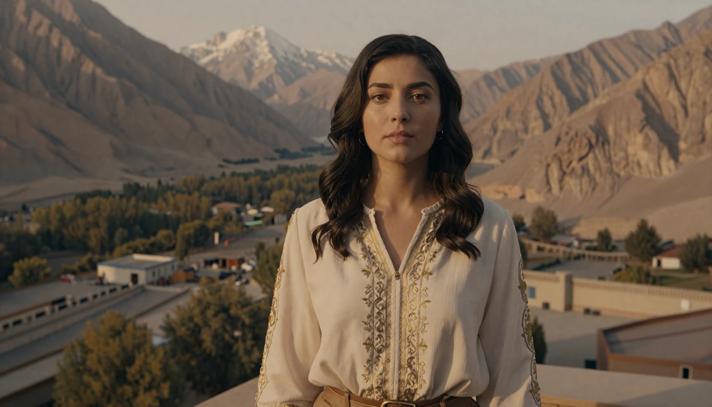 Beautiful Tajik woman overlooking Pamir mountain valley at golden hour representing Tajik women dating