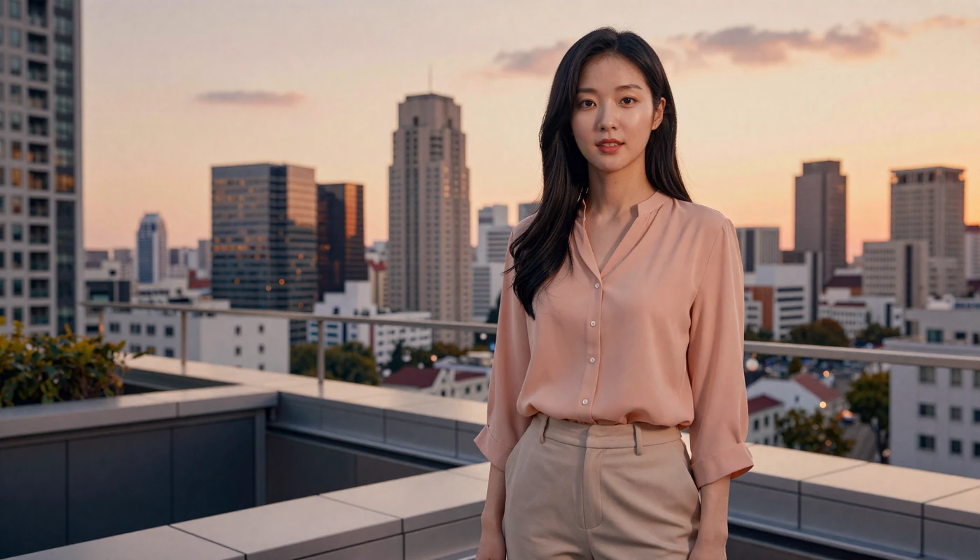 Korean heritage woman on modern rooftop terrace overlooking city at golden hour representing North Korean diaspora singles