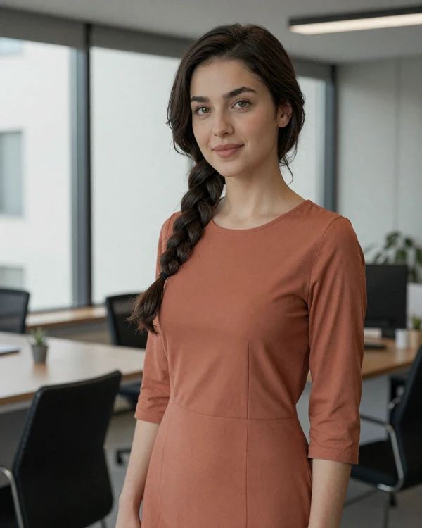 Professional Tajik woman in modern Dushanbe office representing career-oriented Tajik singles
