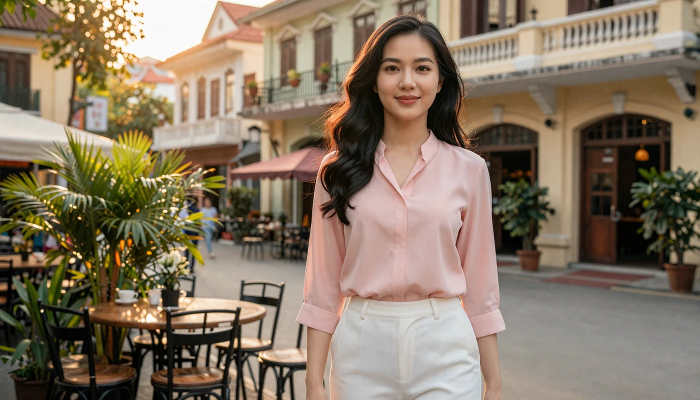 Beautiful Vietnamese woman at a Hanoi street cafe ready for online dating connection