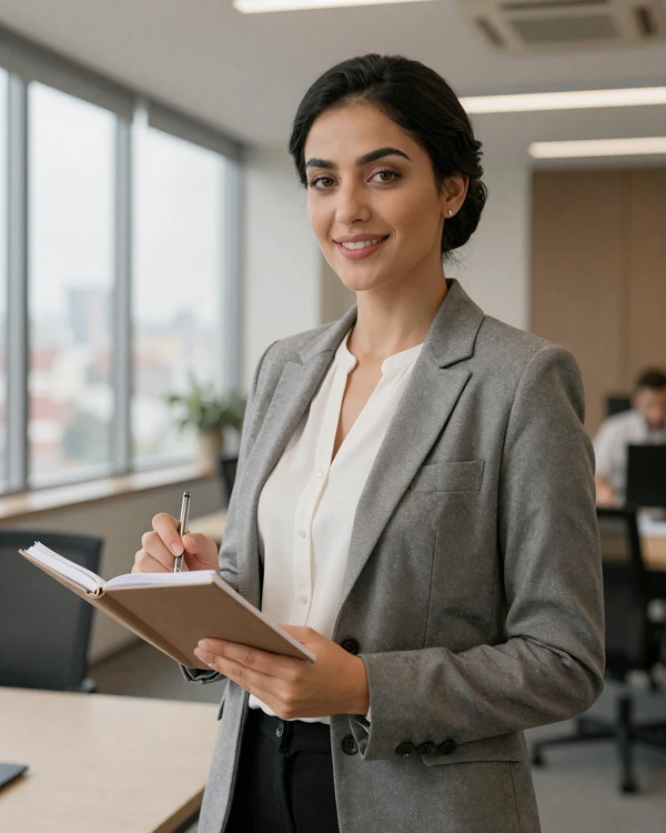 Professional Afghan woman in modern office setting representing educated diaspora singles