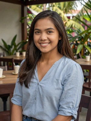 Jasmine, 27, verified Filipino woman from Cebu smiling in casual blue blouse at outdoor cafe