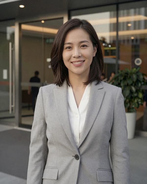 Professional Taiwanese woman in business attire near modern Taipei office building representing educated Taiwan singles