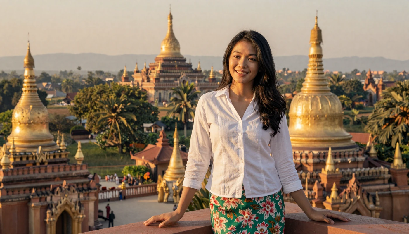 Beautiful Burmese woman in casual attire with golden pagoda spires of Myanmar in the background