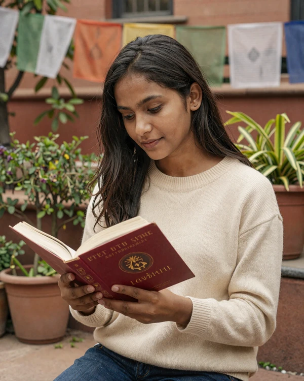 Nepali woman reading in a garden in Kathmandu reflecting educated Nepal singles culture