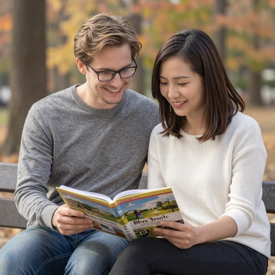 Intercultural couple studying Asian travel guidebook together on a park bench in warm autumn light