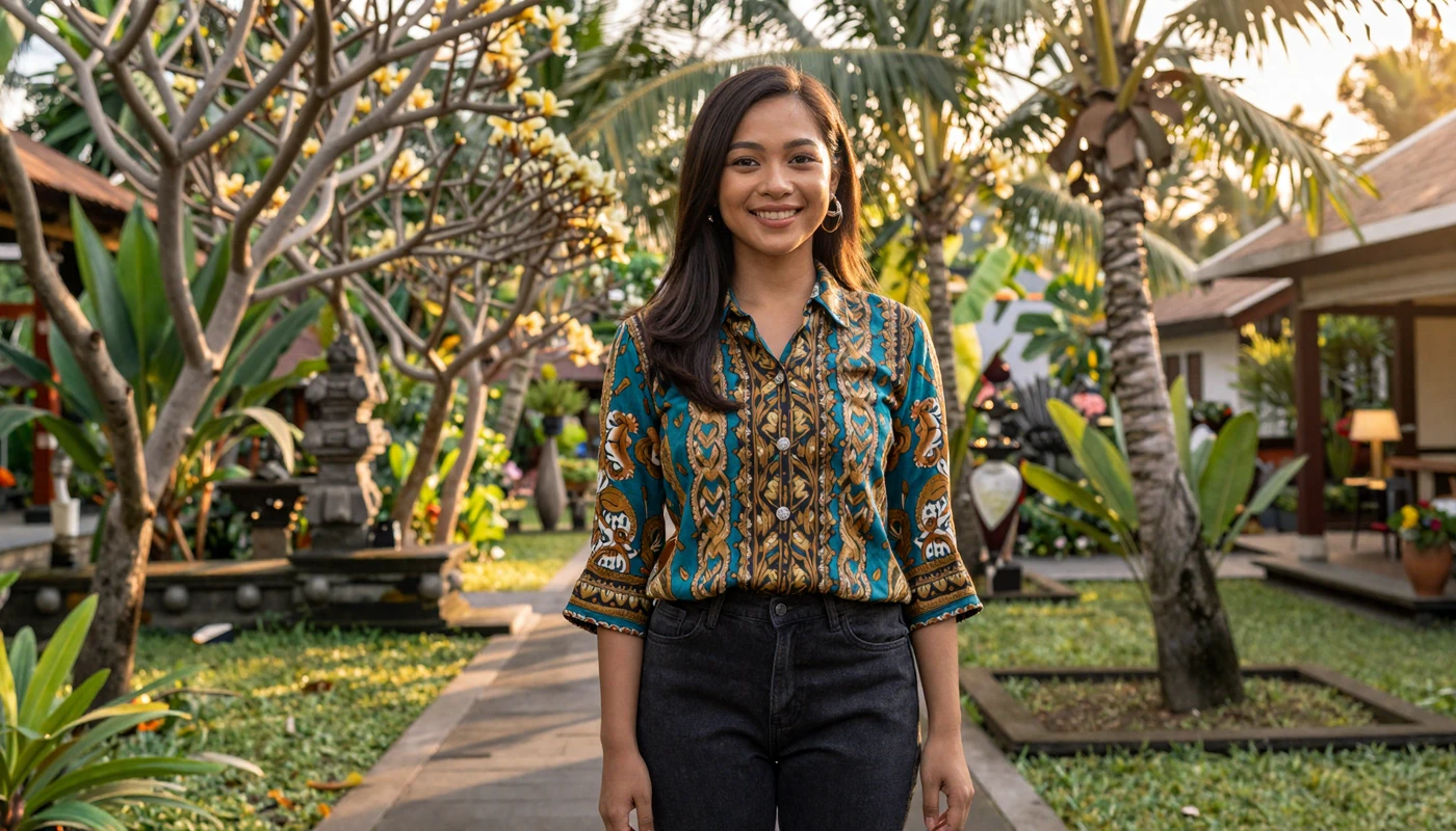 Beautiful Indonesian woman in modern batik blouse in tropical Balinese garden ready for online dating