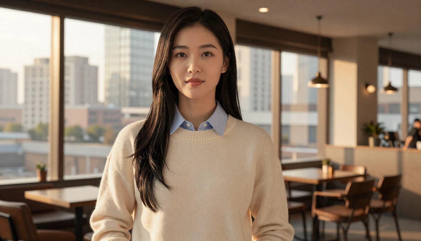 Elegant Chinese woman in modern cafe setting ready for international dating