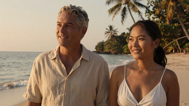 Robert and Araya standing together on a Thai beach at sunset