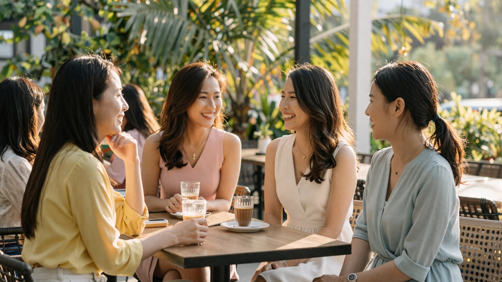 Beautiful Asian women smiling in a warm outdoor setting representing asian women dating opportunities