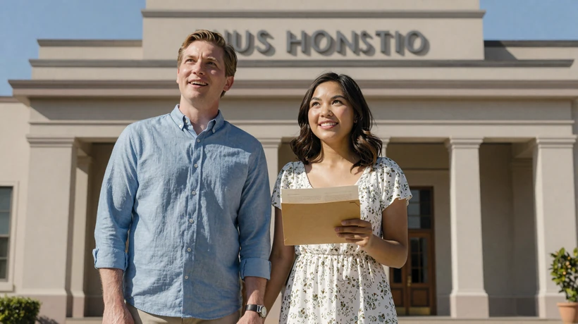 Happy interracial couple holding visa documents outside US consulate ready for K-1 fiancée visa interview