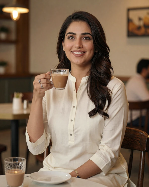 Pakistani woman enjoying chai at a cafe in Lahore while meeting online date