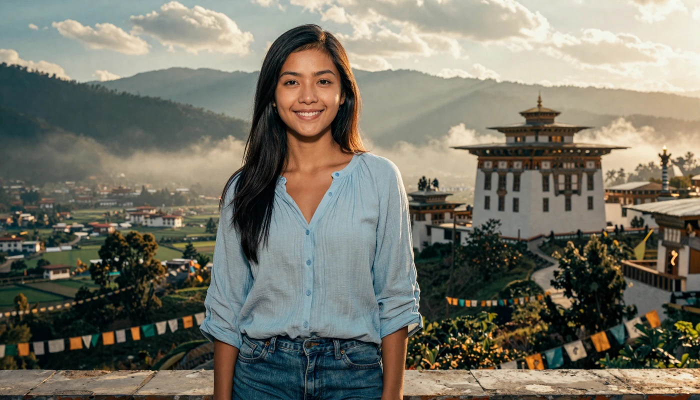 Beautiful Bhutanese woman smiling on a terrace with Himalayan mountains and traditional dzong architecture in the background