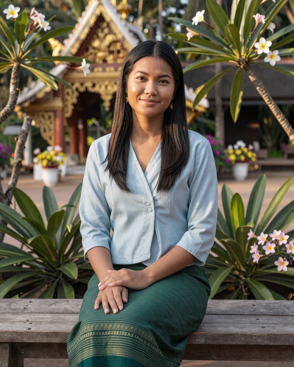 Laotian woman sitting peacefully in a Luang Prabang garden reflecting traditional Lao culture and gentle lifestyle