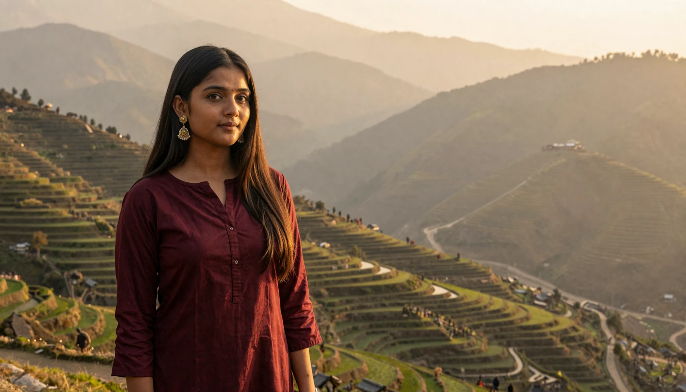 Beautiful Nepali woman in modern kurta with Himalayan mountain backdrop ready for online dating