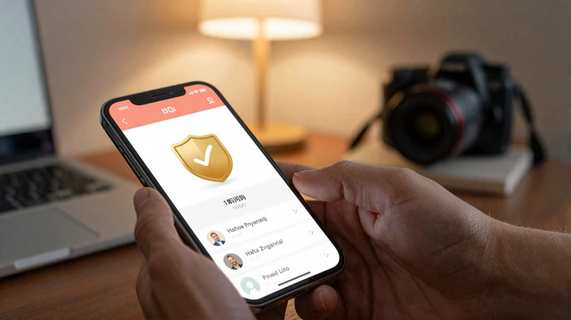 Man safely browsing a verified Asian dating platform on smartphone with security shield badge