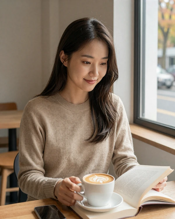 Korean woman enjoying coffee at a trendy Seoul café reflecting modern K-culture dating lifestyle