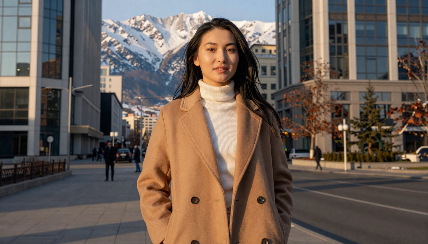 Beautiful Kazakh woman in stylish coat on modern Almaty street with Tien Shan mountains
