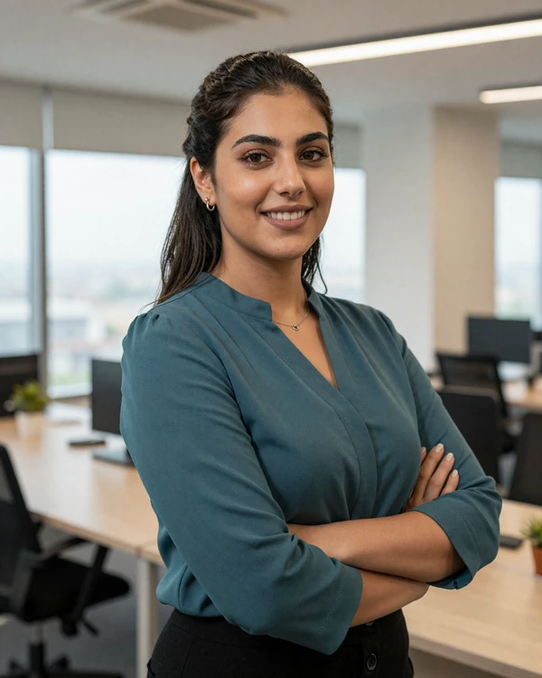 Professional Yemeni woman in modern office setting representing educated diaspora singles