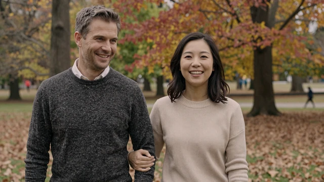 James and Mei walking arm in arm through an autumn park