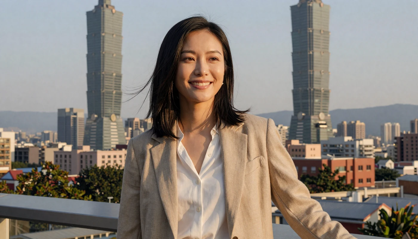 Stylish Taiwanese woman on Taipei rooftop terrace with city skyline at golden hour representing modern Taiwan dating