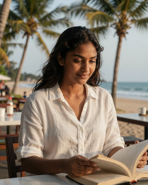 Educated Sri Lankan woman reading at a tropical beachside cafe reflecting island lifestyle