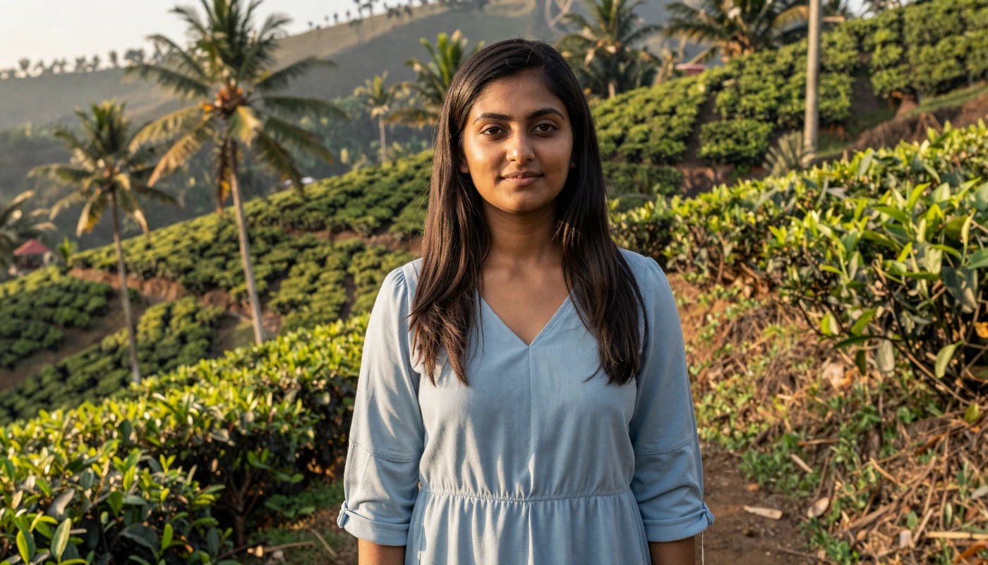Beautiful Sri Lankan woman in casual blue dress standing in lush tropical Sri Lanka landscape