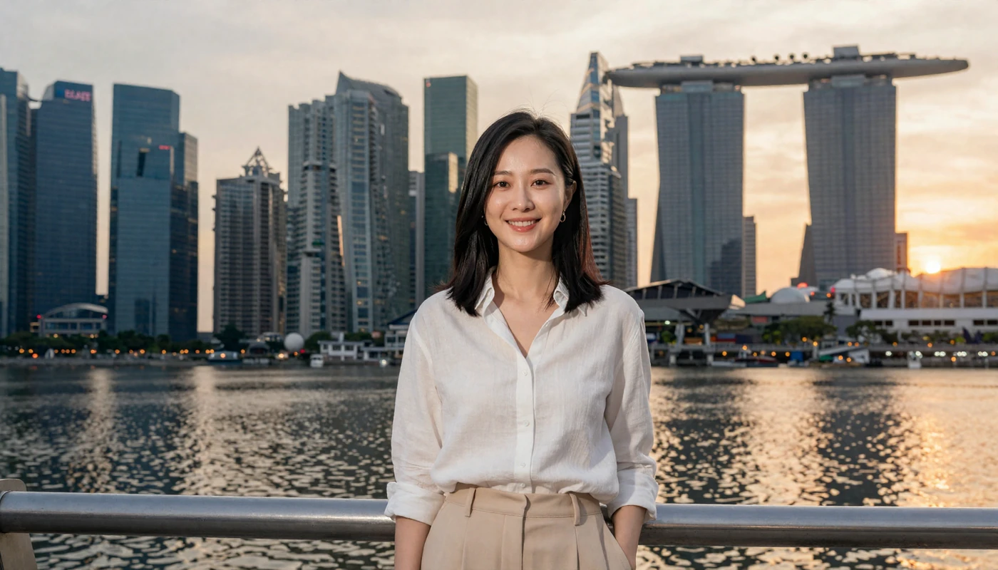 Elegant Singaporean woman on Marina Bay waterfront at sunset ready for online dating