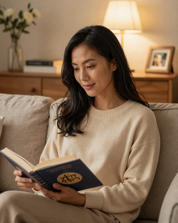 Burmese woman reading peacefully at home representing the gentle, devoted character of Myanmar singles