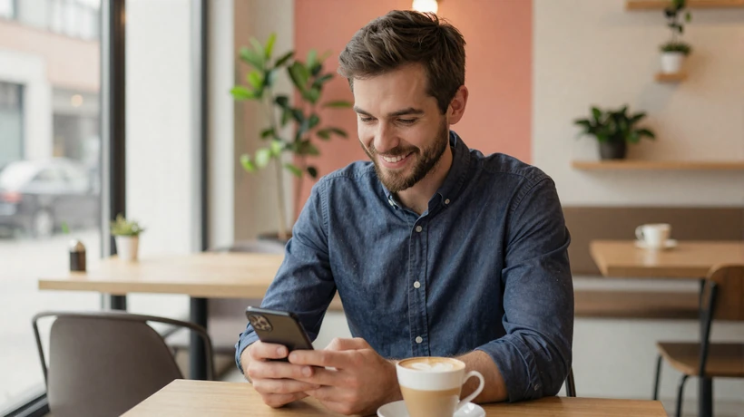 Man composing a personalized first message on an Asian dating platform in a modern cafe setting