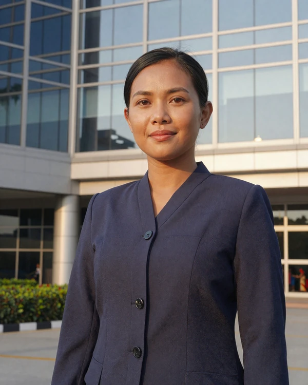 Professional Bruneian woman near modern office building in Bandar Seri Begawan representing educated ambitious Brunei singles