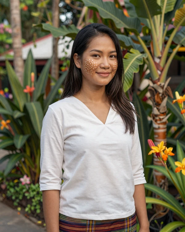 Burmese woman with traditional thanaka paste on cheeks in garden setting representing Myanmar beauty traditions