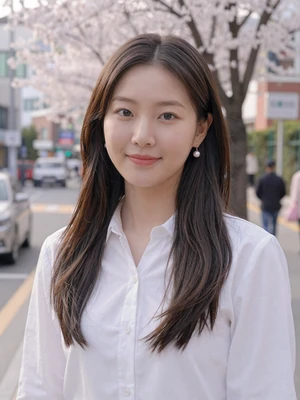 Minji, 26, verified Korean woman in white blouse with cherry blossoms in Seoul