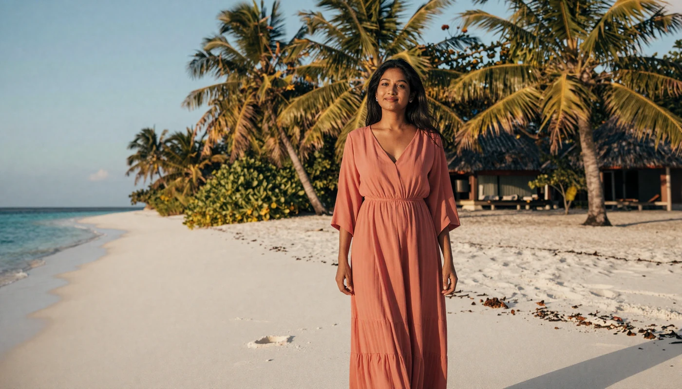 Beautiful Maldivian woman on tropical island beach ready for online dating connection