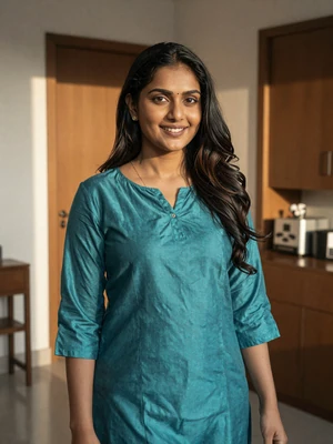 Deepa, 30, verified Indian woman in teal kurti with warm smile in Mumbai apartment