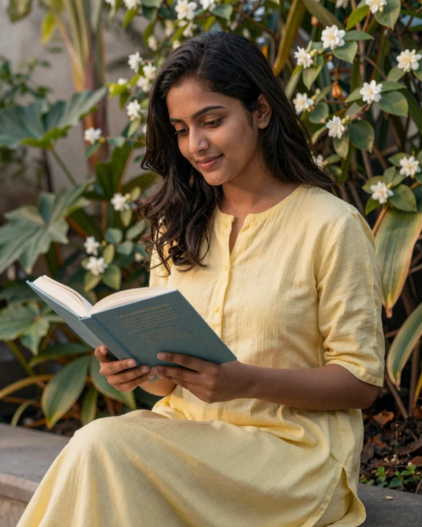 Indian woman reading in a garden setting reflecting educated Indian singles culture