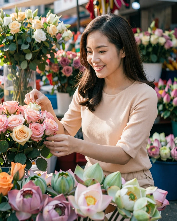 Vietnamese woman selecting flowers at a Ho Chi Minh City market reflecting vibrant dating culture