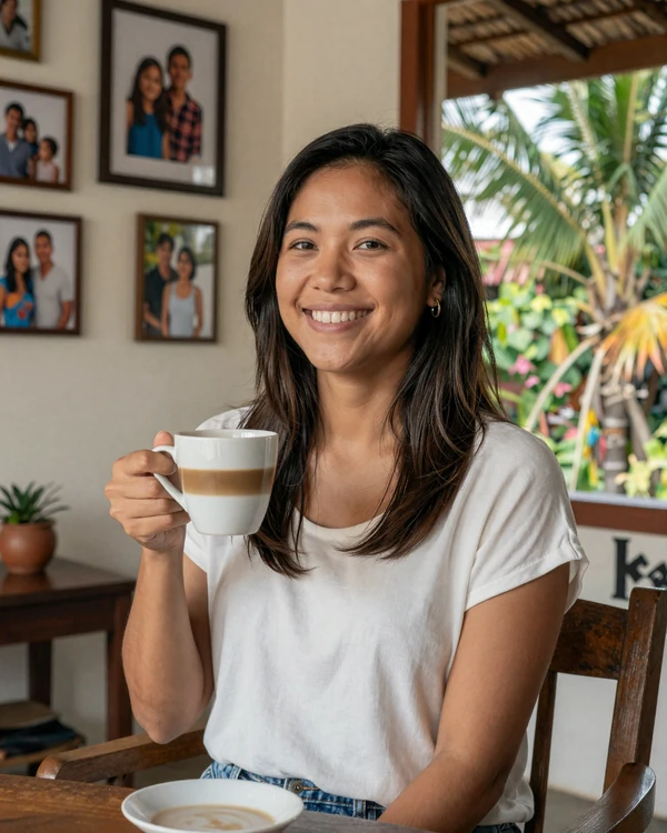 Filipina woman enjoying coffee in a warm Filipino family home representing Filipino family values