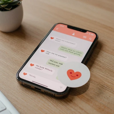 Smartphone showing a warm and friendly dating chat conversation with simple English messages and emojis