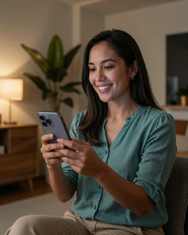 Filipina woman using TheNewRelationships video chat to connect with Western partner on smartphone