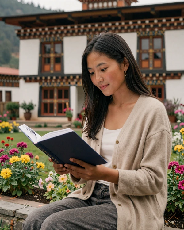 Bhutanese woman reading peacefully in a traditional courtyard garden reflecting mindful Bhutanese culture