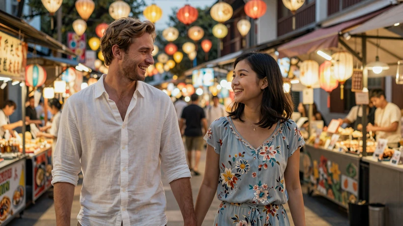Intercultural couple exploring an Asian night market together on a date