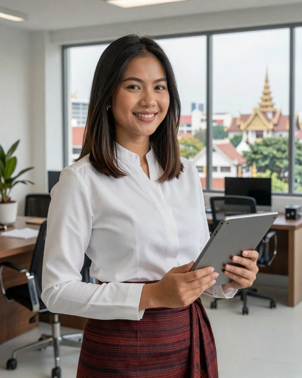 Professional Laotian woman in modern Vientiane office representing educated Lao singles combining career ambition with traditional values