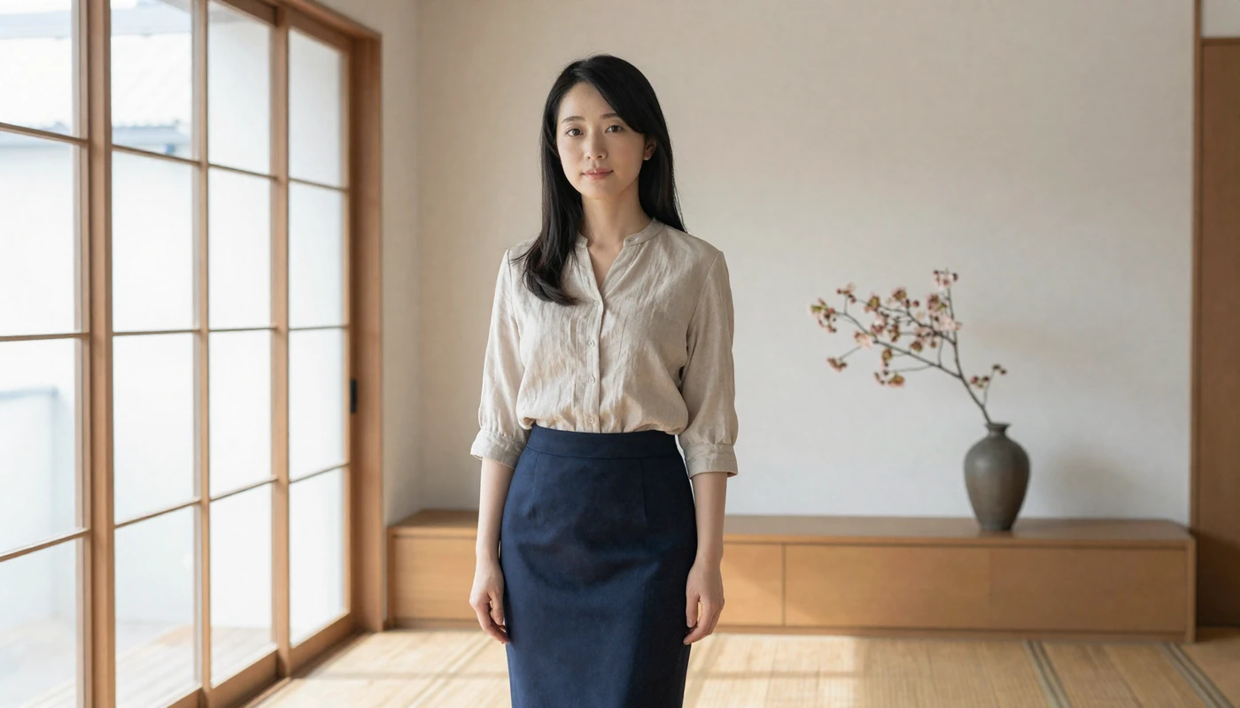 Elegant Japanese woman in modern minimalist interior with cherry blossom branch ready for online dating