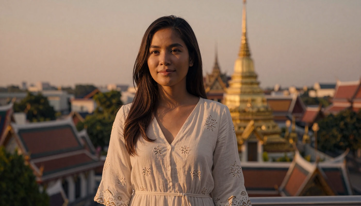 Beautiful Thai woman in casual dress with golden Thai temple background at sunset