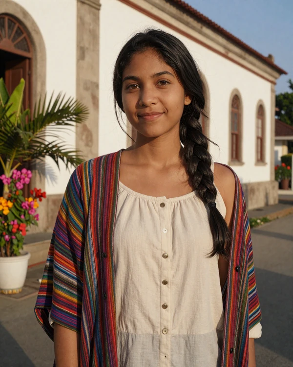Timorese woman in traditional tais shawl near Portuguese colonial architecture in Dili reflecting East Timor cultural heritage