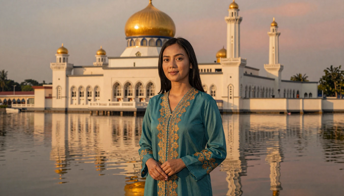 Beautiful Bruneian woman in elegant modest attire near golden mosque in Bandar Seri Begawan ready for online dating