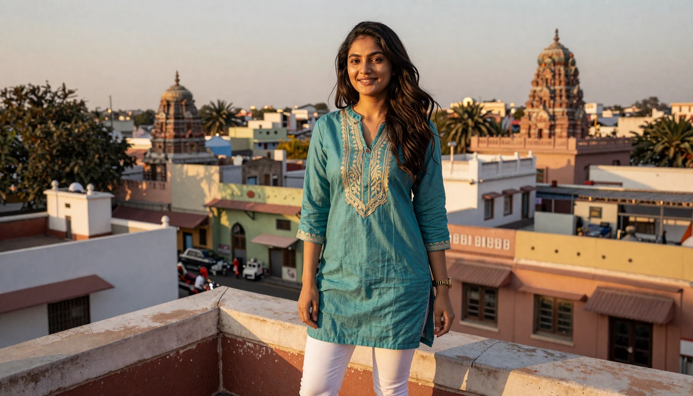 Beautiful Indian woman in modern kurti overlooking vibrant Indian city at sunset for dating site