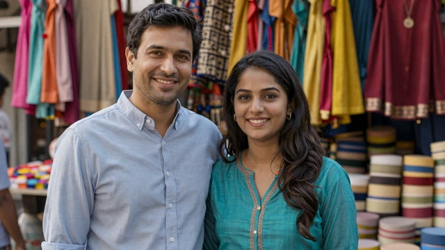 Brian and Priya smiling together in front of a colorful Indian market